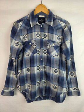 American Eagle Womens Shirt Size Small Blue Plaid Boyfriend Snap Down Western